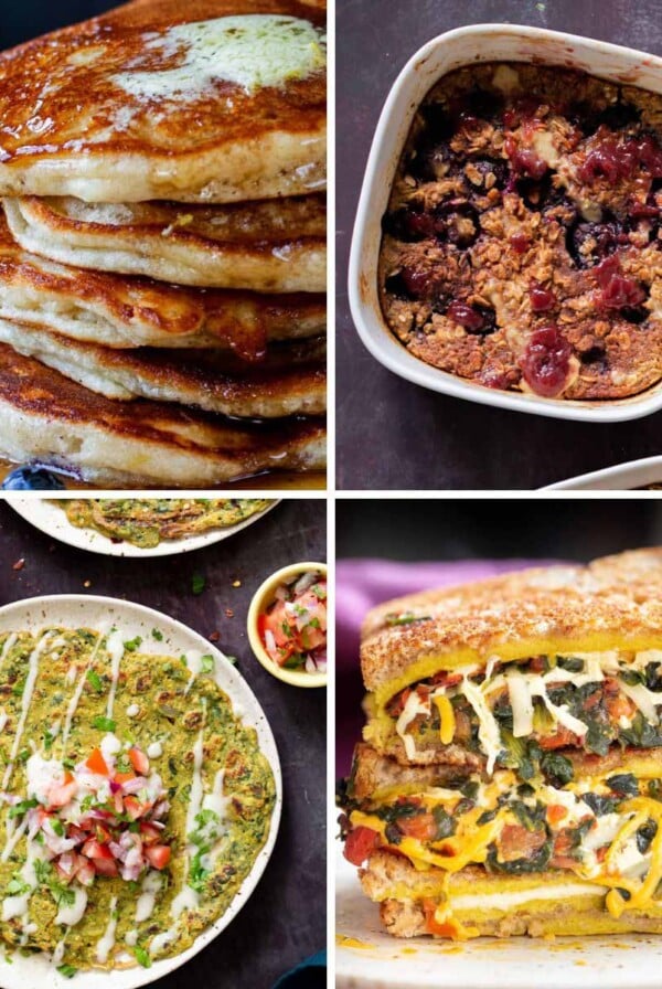 image collage of vegan gluten-free breakfast recipes: pancakes, oats, savory pancakes, vegan egg sandwich