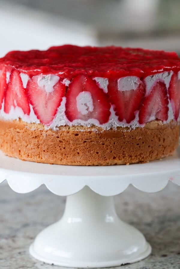 strawberry mousse cake on the cutting board