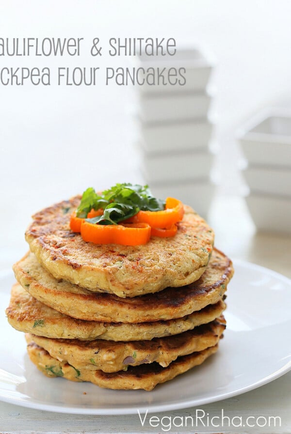 Easy Chickpea flour pancakes with grated cauliflower and shiitake mushrooms. These are fat pancakes made with a thick chickpea flour batter. Add more water for thinner batter and thinner pancakes. Makes 5 fat pancakes.