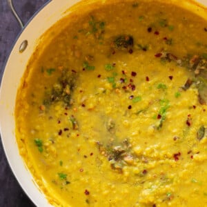 close-up of thecha dal in the skillet