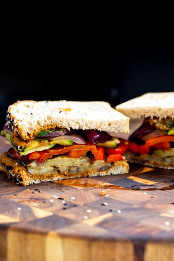 sliced grilled veggie sandwich