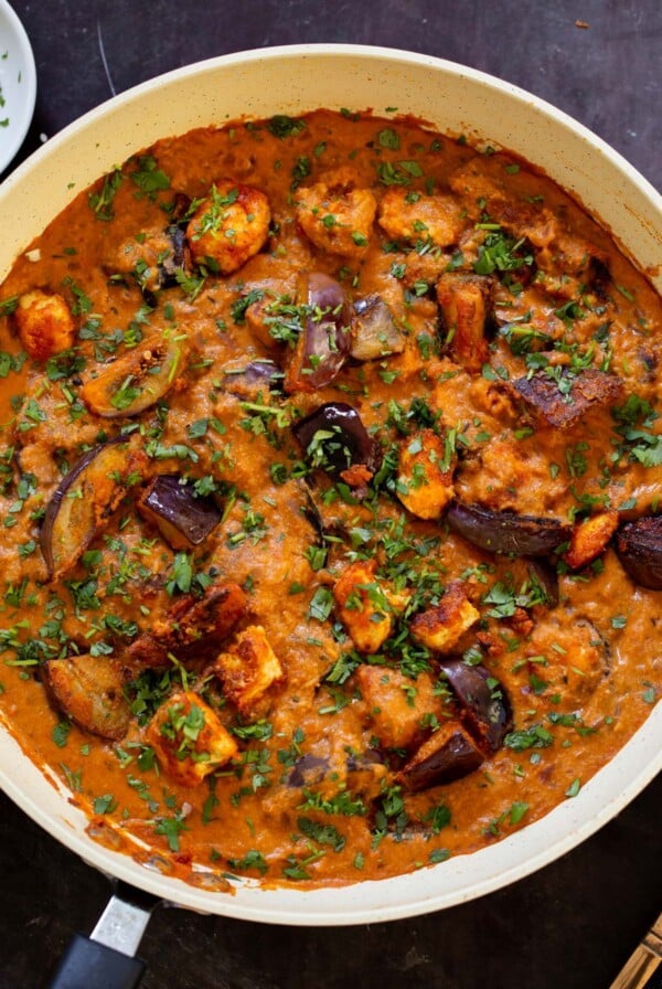 tofu eggplant curry in th pan with cilantro