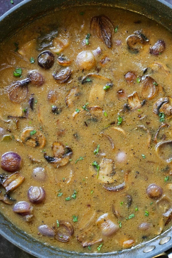 vegan mushroom gravy in the pan, after cooking