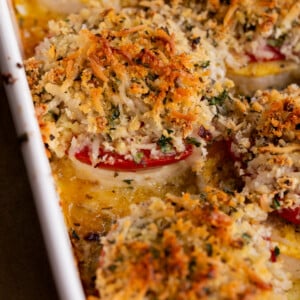 close-up of baked vegan caprese stacks in the baking dish, after baking