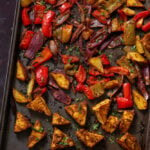 tofu tray bake with vegetables on the sheet pan