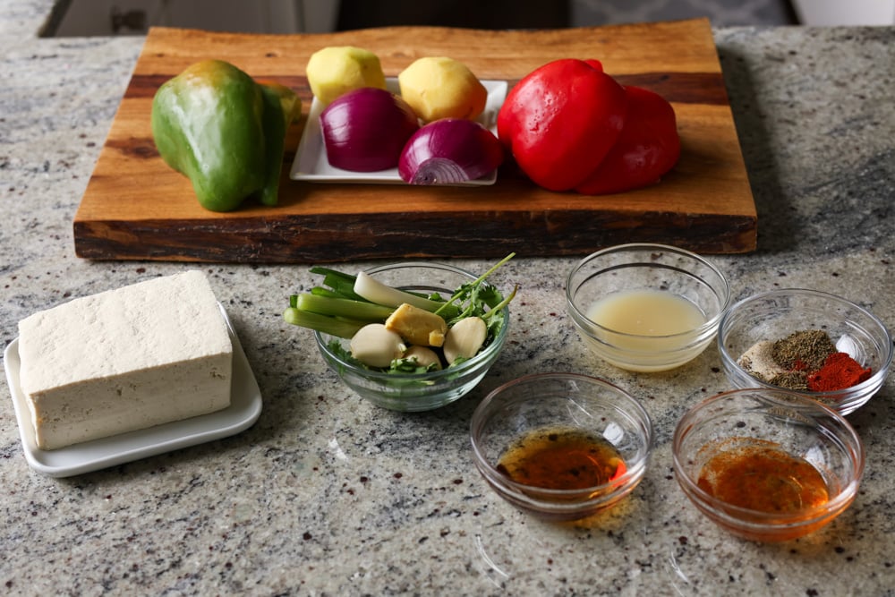 tofu tray bake ingredients on the cutting board