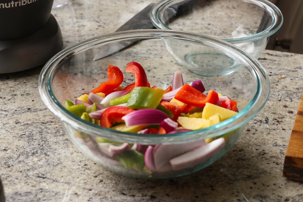 chopped veggies in a glass bowl