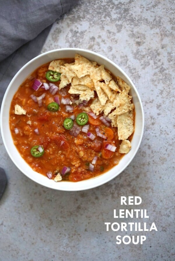 Easy Tortilla Soup with Red lentils. 1 Pot 30 Minutes! Make it in a saucepan or Instant Pot. Add veggies of choice, garnish with tortilla chips or avocado. Vegan Gluten-free Soy-free Nut-free Recipe. | VeganRicha.com