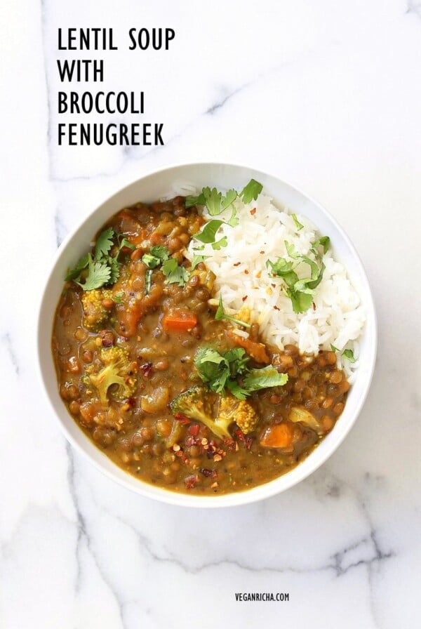 Brown Lentil Soup with Broccoli, Fenugreek seeds and black pepper. Warming Winter soup with veggies and fenugreek for healing and detox. Vegan Gluten-free Soy-free Dal Recipe | VeganRicha.com #glutenfree #veganricha #vegan