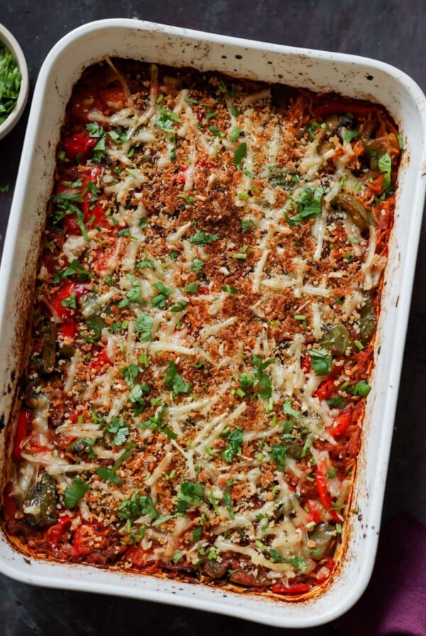 unstuffed pepper casserole in the baking pan after baking