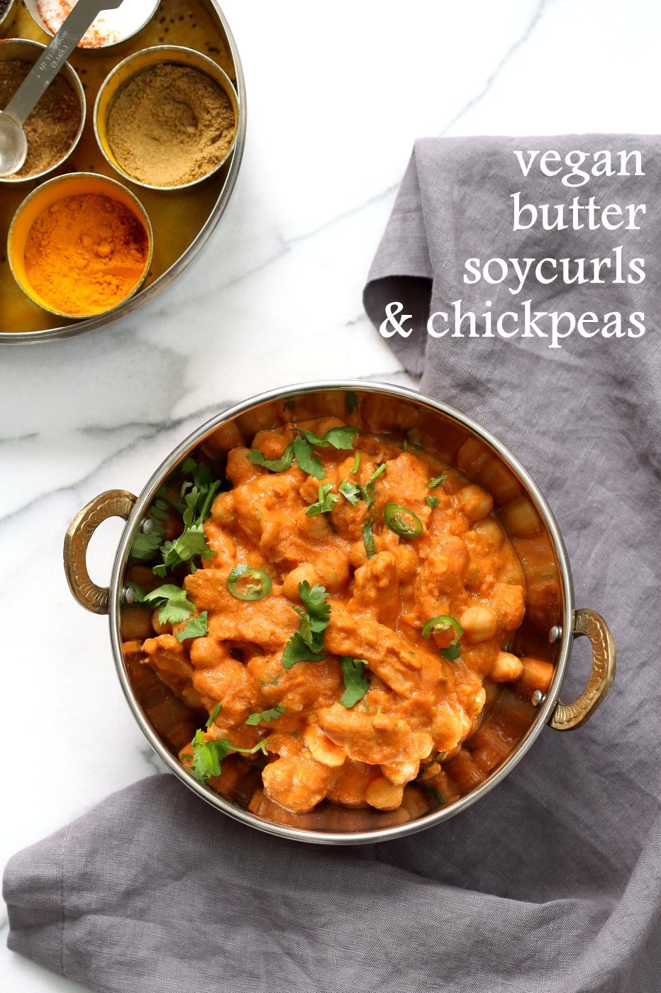 Instant Pot Vegan Butter Chicken with Soycurls and Chickpeas. 15 minute Active time! 1 Pot Creamy Butter Soy Curls. Use all chickpeas for soy-free. Vegan Gluten-free Recipe. Nut-free option | VeganRicha.com