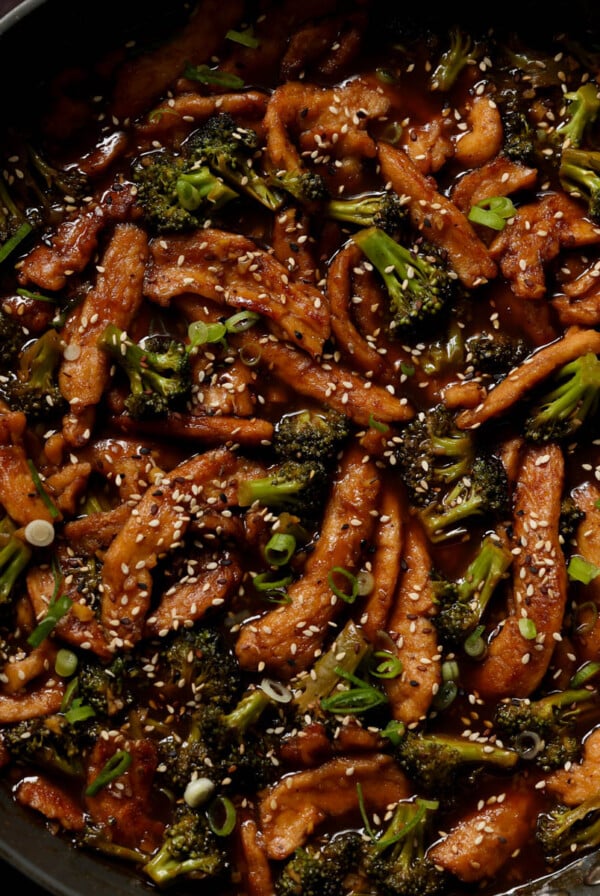 vegan beef with broccoli in the pan after adding garnishes