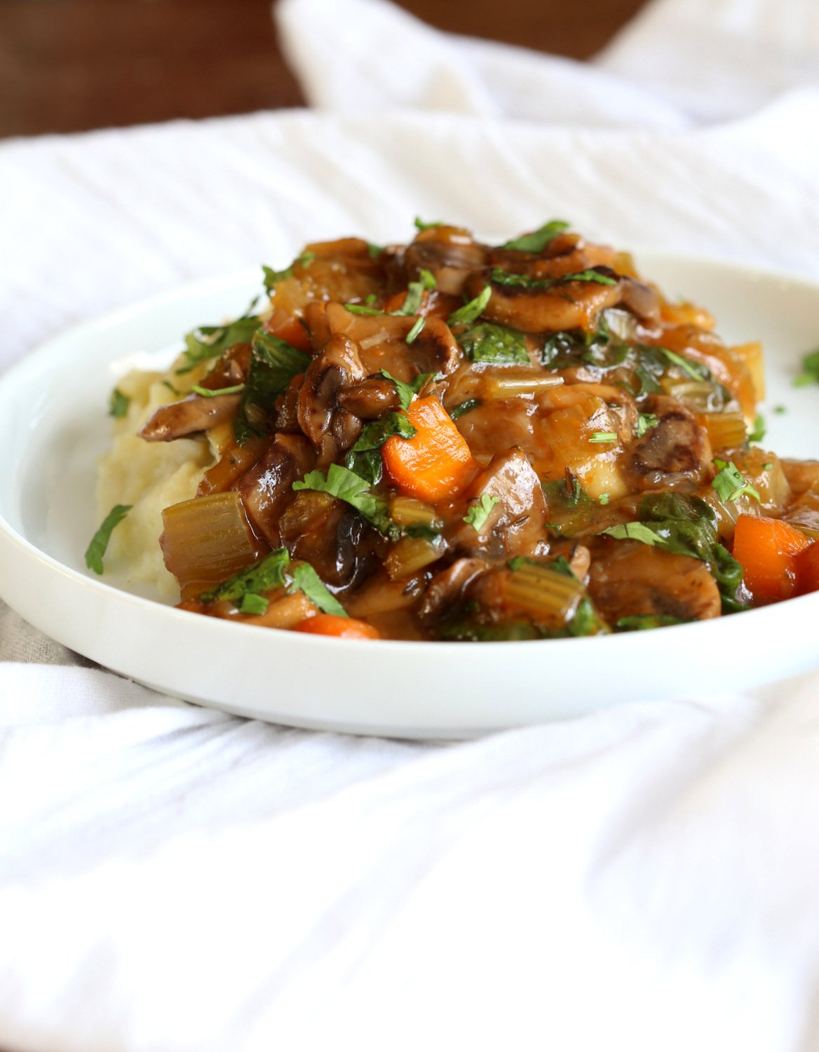 Vegan Mushroom Bourguignon served over Potato Cauliflower Mash. All Cooked in an Instant Pot together with PIP (pot in pot). ##VeganRicha Vegan #Glutenfree #Nutfree Recipe, can be #Soyfree