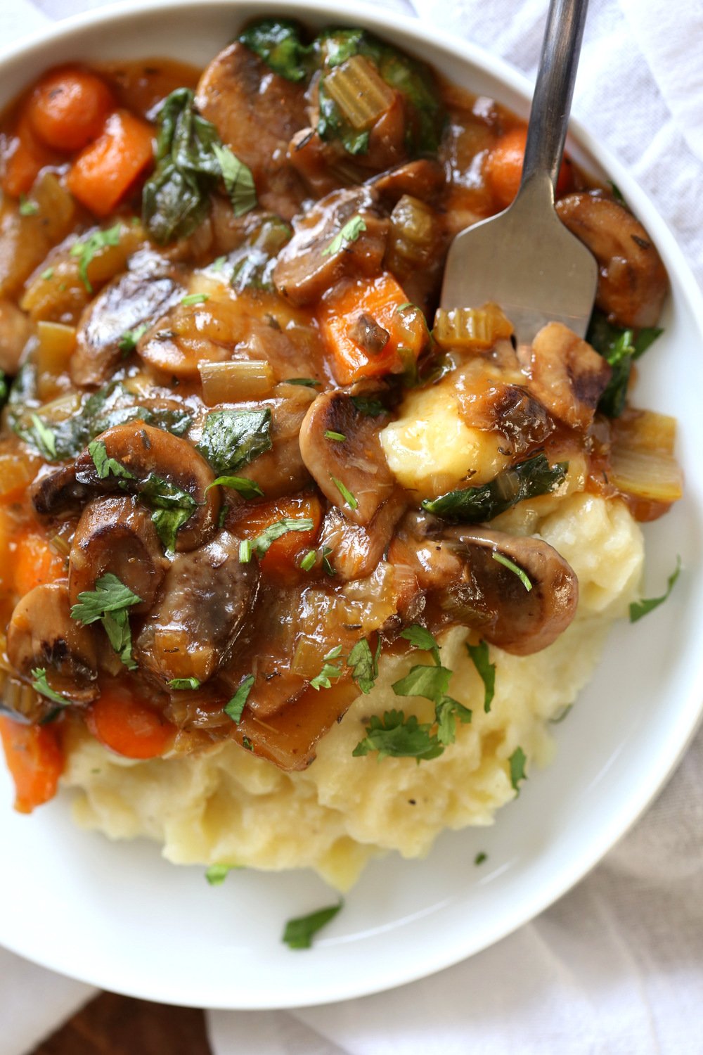 Vegan Mushroom Bourguignon served over Potato Cauliflower Mash. All Cooked in an Instant Pot together with PIP (pot in pot). ##VeganRicha Vegan #Glutenfree #Nutfree Recipe, can be #Soyfree