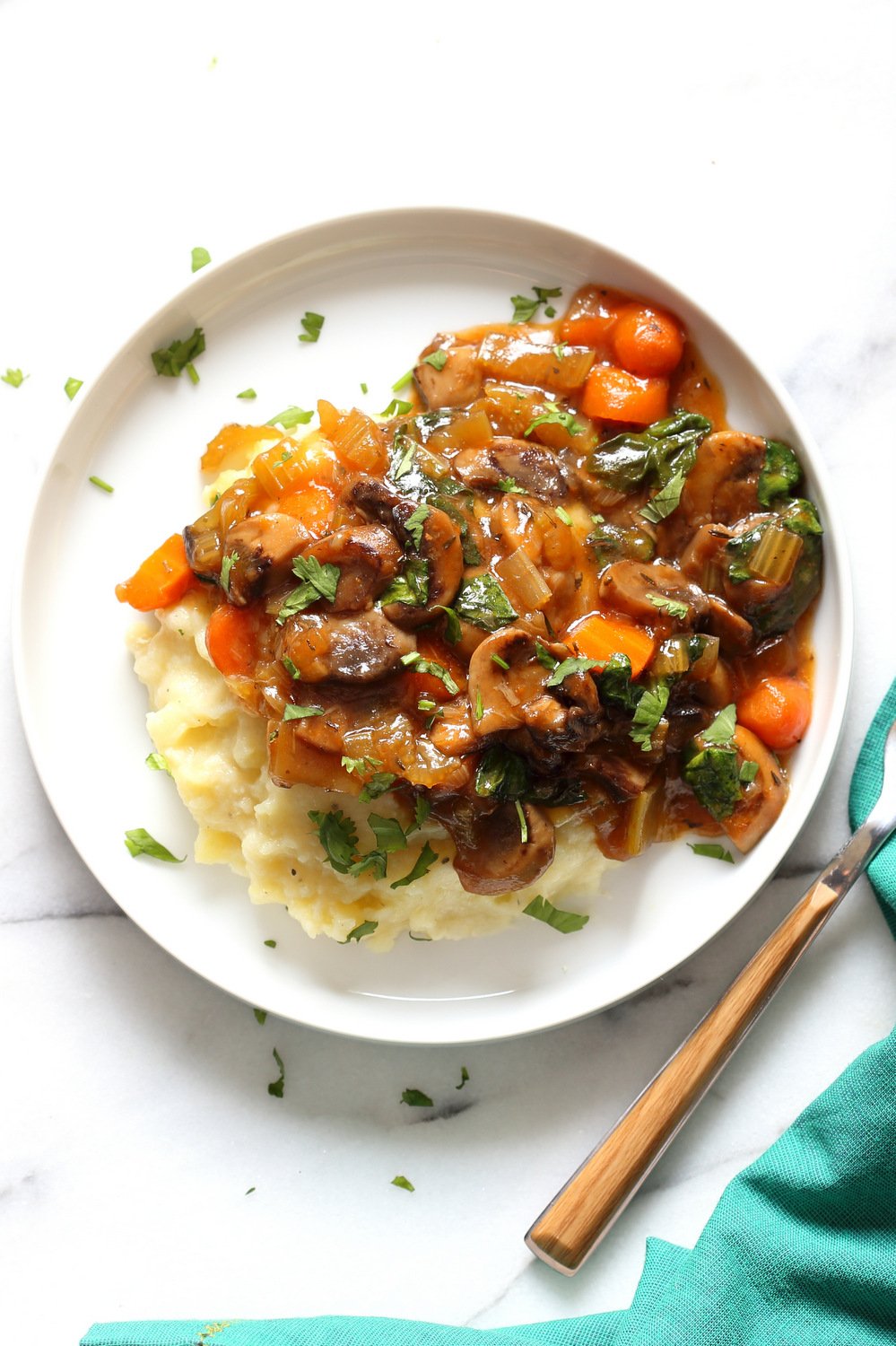 Vegan Mushroom Bourguignon served over Potato Cauliflower Mash. All Cooked in an Instant Pot together with PIP (pot in pot). ##VeganRicha Vegan #Glutenfree #Nutfree Recipe, can be #Soyfree