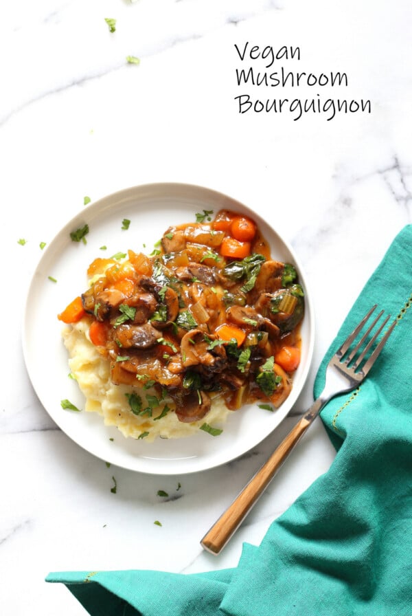 Vegan Mushroom Bourguignon served over Potato Cauliflower Mash. All Cooked in an Instant Pot together with PIP (pot in pot). ##VeganRicha Vegan #Glutenfree #Nutfree Recipe, can be #Soyfree