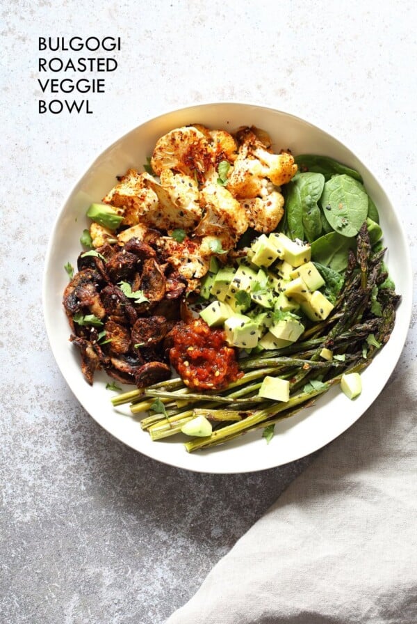 Bulgogi Roasted Spring Veggie Bowl. Spicy, sweet Korean Gochugaru blend roasted Cauliflower Mushroom Asparagus Bowl. #Vegan #Glutenfree #Nutfree #Recipe #VeganRicha | VeganRicha.com