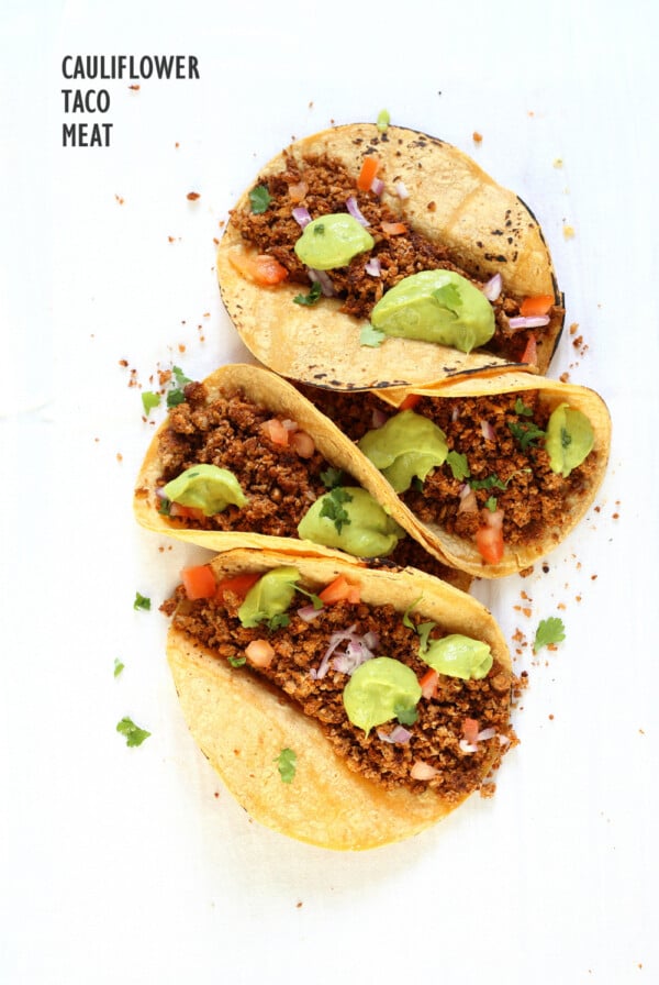 Cauliflower Taco Meat. Easy No Skillet Cauliflower Walnut Crumble. Use in tacos, wraps, burrito, nachos, salads! #Vegan #Glutenfree #soyfree #Recipe #Veganricha. Can be #nutfree | VeganRicha.com