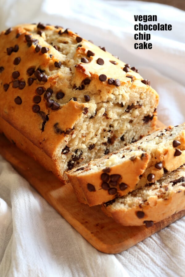 Vegan Chocolate Chip Cake Recipe. This Chocolate Chip Quick Bread is super easy and popular to everyone. Add seasonal berries, make cupcakes, add a streusel for variation. #Vegan #Soyfree #Nutfree #Recipe GF option #veganricha | VeganRicha.com