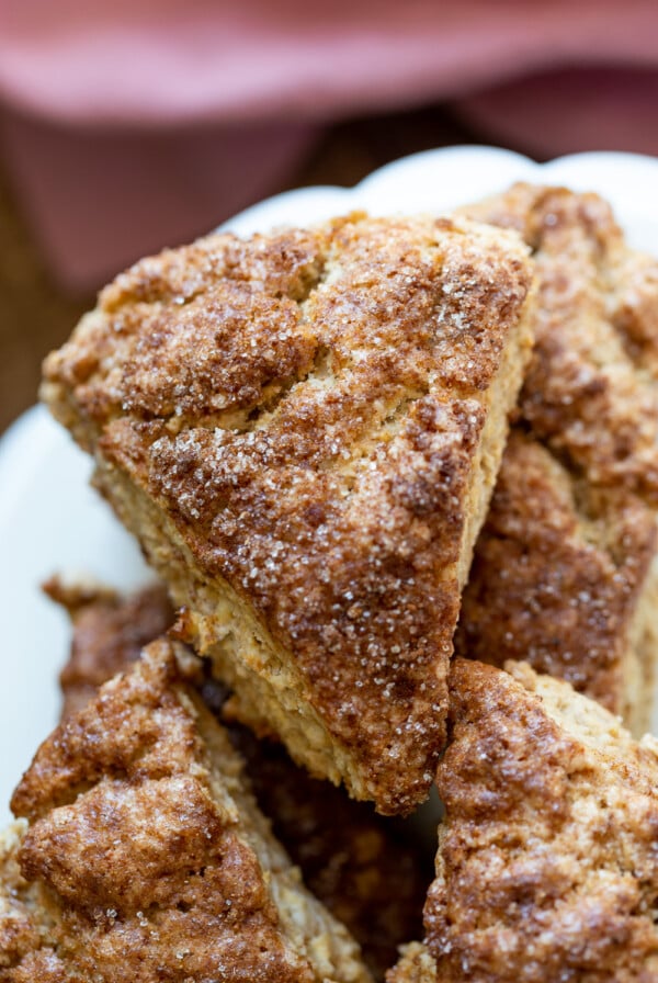 These Vegan Churro Scones need just 1 Bowl, 8 Ingredients and have No Added Oil! Crisp Vegan Cinnamon Scones for breakfast or Dessert. #Vegan #scones #Churroscones #Veganscones #VeganRicha #Nutfree option