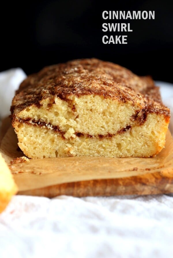 This Vegan Cinnamon Swirl Cake is super Easy and Quick. A simple yellow cake, swirled with cinnamon sugar makes for a delightful treat. Add some nuts into the swirl for variation #Vegan #Nutfree #Soyfree #Dessert #Recipe #veganricha | VeganRicha.com