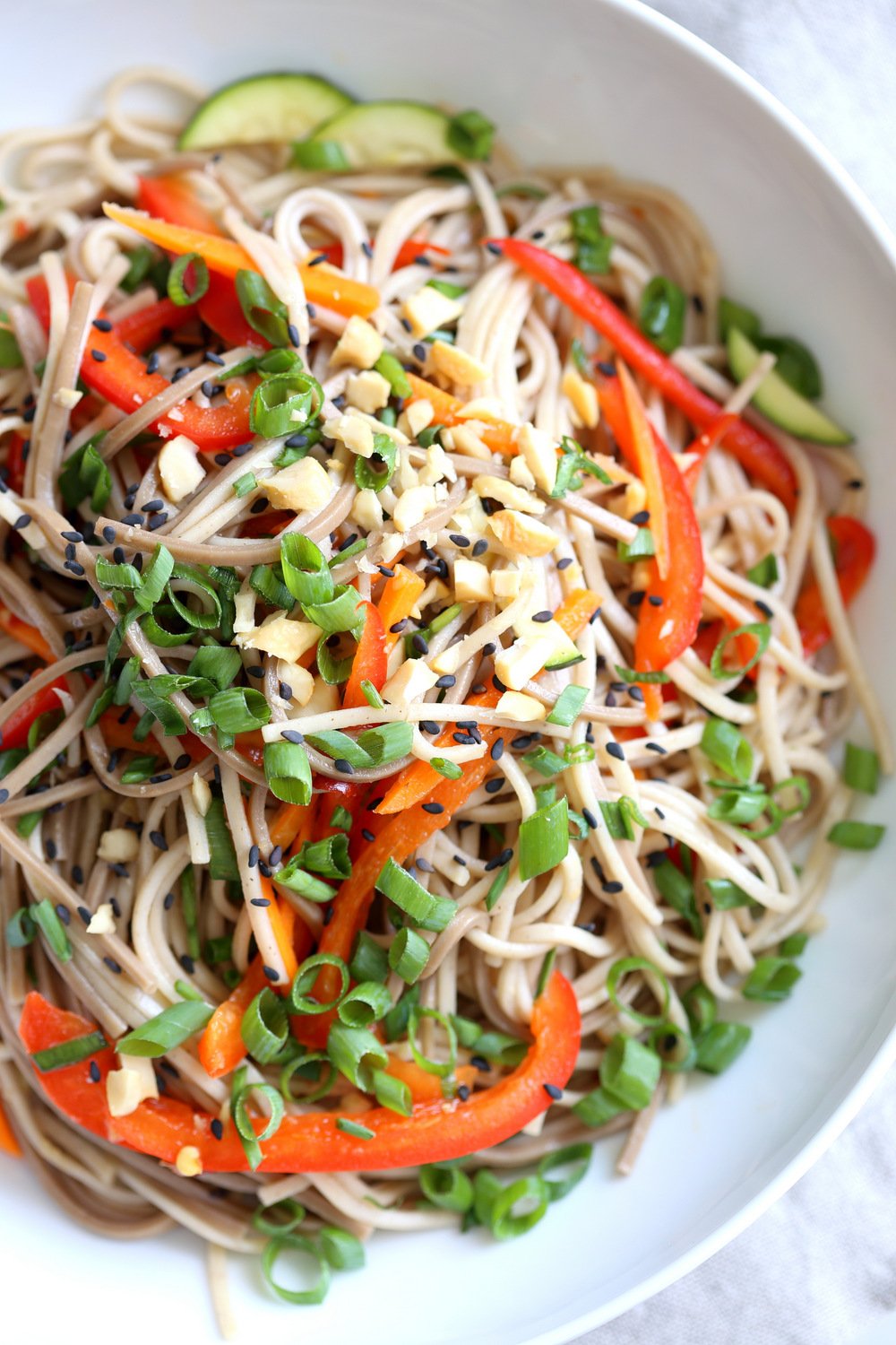 Cold Soba Noodle Salad Recipe. Noodle Salad Bowl with Peppers, Carrots, Zucchini, Green Onion and Sesame Lime Ginger Dressing. Refreshing Summer Salad. #Vegan #Nutfree. #Glutenfree Option, #SoyfreeOption #veganricha #recipe