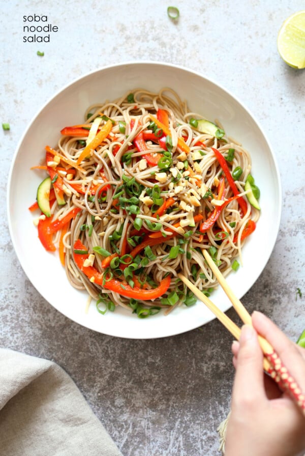 Cold Soba Noodle Salad Recipe. Noodle Salad Bowl with Peppers, Carrots, Zucchini, Green Onion and Sesame Lime Ginger Dressing. Refreshing Summer Salad. #Vegan #Nutfree. #Glutenfree Option, #SoyfreeOption #veganricha #recipe