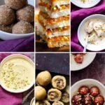 image collage of vegan Diwali sweets: ladoo, burfi, rasmalai cake, rabbi, gujiya peda, and gulab jamun