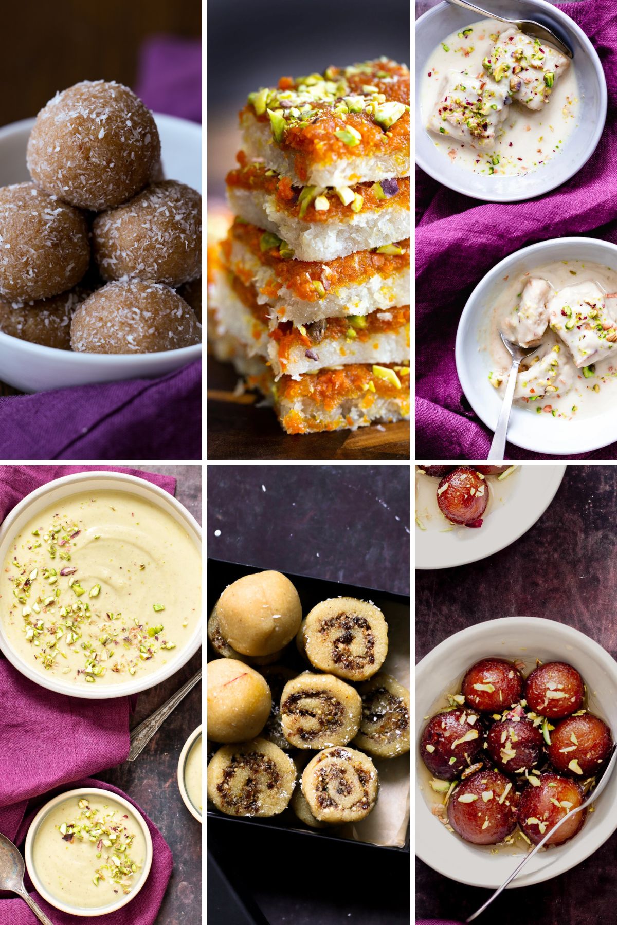 image collage of vegan Diwali sweets: ladoo, burfi, rasmalai cake, rabbi, gujiya peda, and gulab jamun