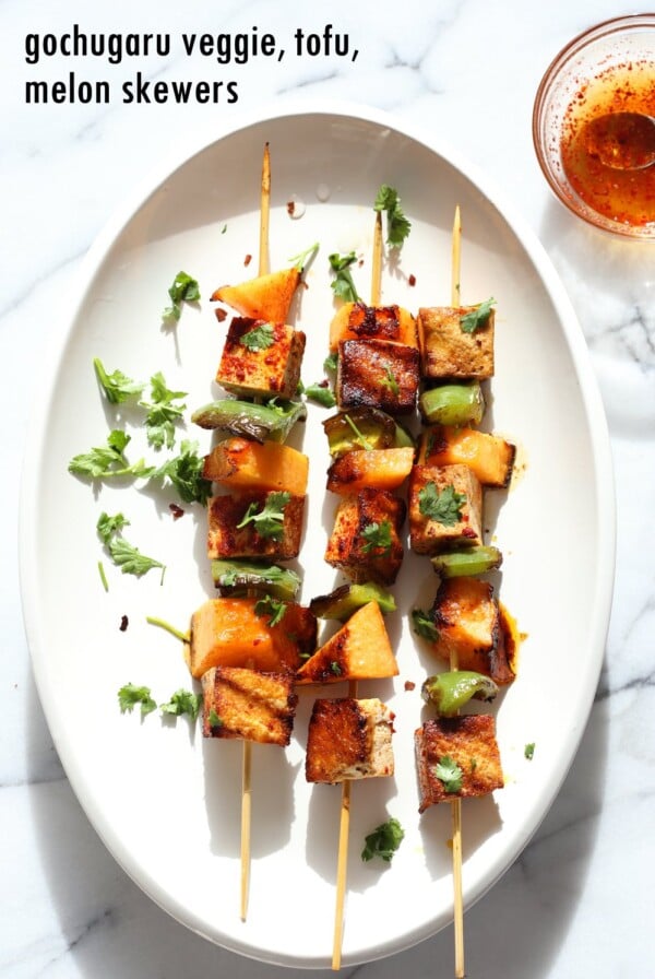 Gochugaru Baked Tofu, Melon, Pepper Veggie skewers with Chili Lime Sauce. Summer Vegetable kabobs.#Vegan #Glutenfree #Nutfree #Recipe. #veganricha