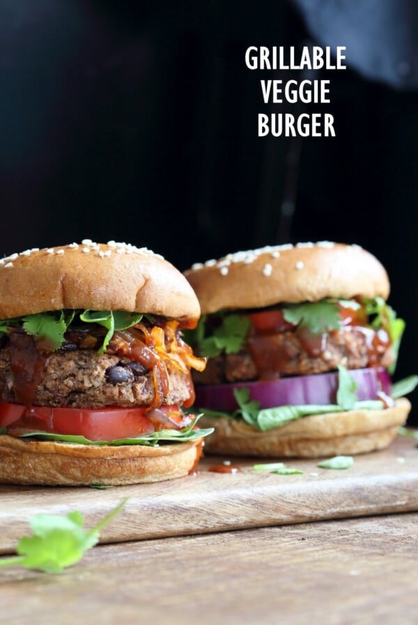 Grillable Veggie Burger. No Nuts. Easy Black Bean Burger with Veggies and spices. Pan fry, Bake or Grill. Serve with BBQ Sauce and other fix ins. Vegan Burger Recipe. Gluten-free option. Nut-free. Soy-free option | VeganRicha.com