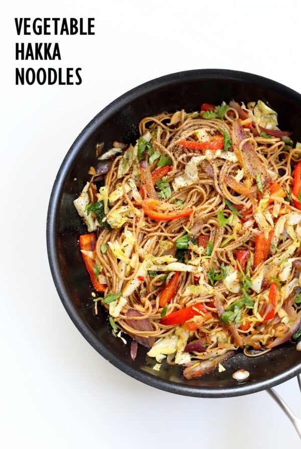 Easy 1 Pot Vegetable Hakka Noodles. Indo Chinese Hakka Noodles with peppers, onions, cabbage, carrots and a simple sauce. Vegan Nutfree Recipe. Can be gluten-free. | VeganRicha.com