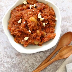 Instant Pot Gajar Halwa - Vegan Carrot Halwa Recipe. Carrot Halwa is an Indian dessert, a flourless Carrot Cake Crumble/pudding that is spiced with cardamom and served during festivals. Vegan Gluten-free Soy-free Recipe.