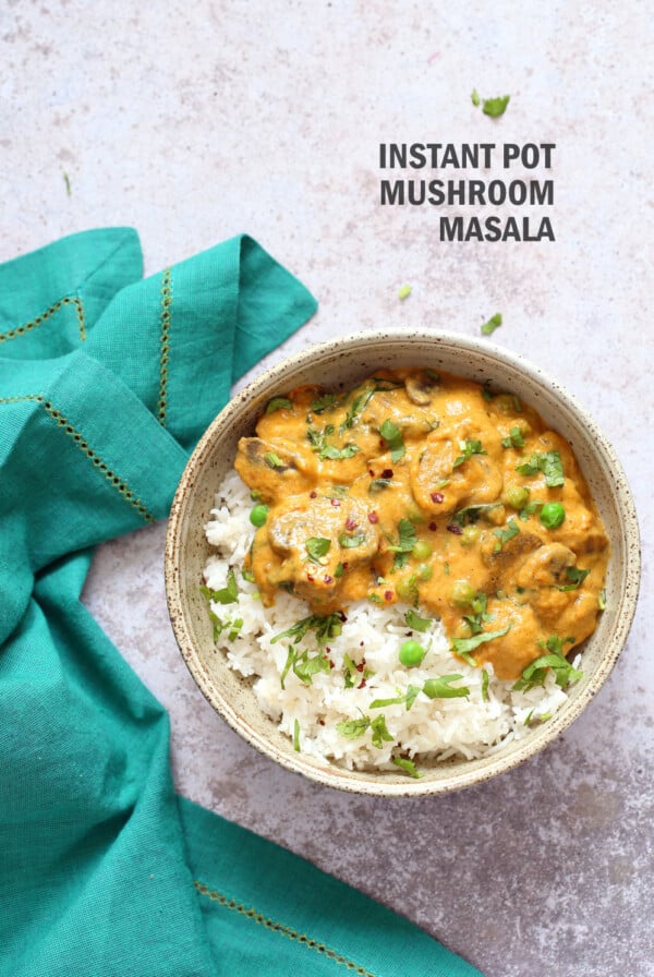 Instant Pot Mushroom Masala. Easy Mushrooms and peas in Creamy Sauce made in an Instant Pot. Add chickpeas for a hearty meal. #Vegan #Gluten-free #Soyfree #Recipe. Can be #nutfree  #VeganRicha