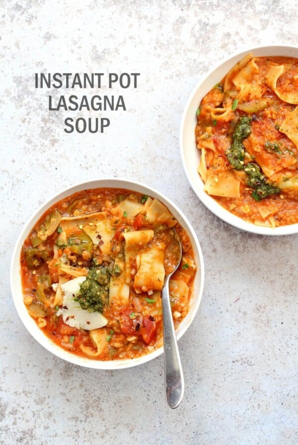 Instant Pot Lasagna Soup - Vegan Lasagna Soup with lasagna noodles, veggies, red lentils and basil. 1 Pot weekday meal. #Vegan #Nutfree #Recipe. Can be #glutenfree. #veganricha | VeganRicha.com