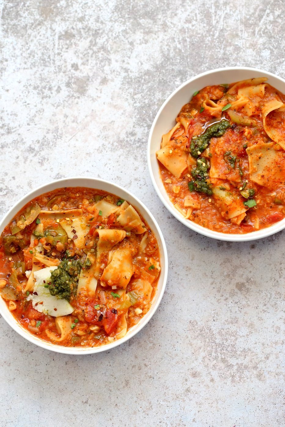 Instant Pot Lasagna Soup - Vegan Lasagna Soup with lasagna noodles, veggies, red lentils and basil. 1 Pot weekday meal. #Vegan #Nutfree #Recipe. Can be #glutenfree. #veganricha | VeganRicha.com