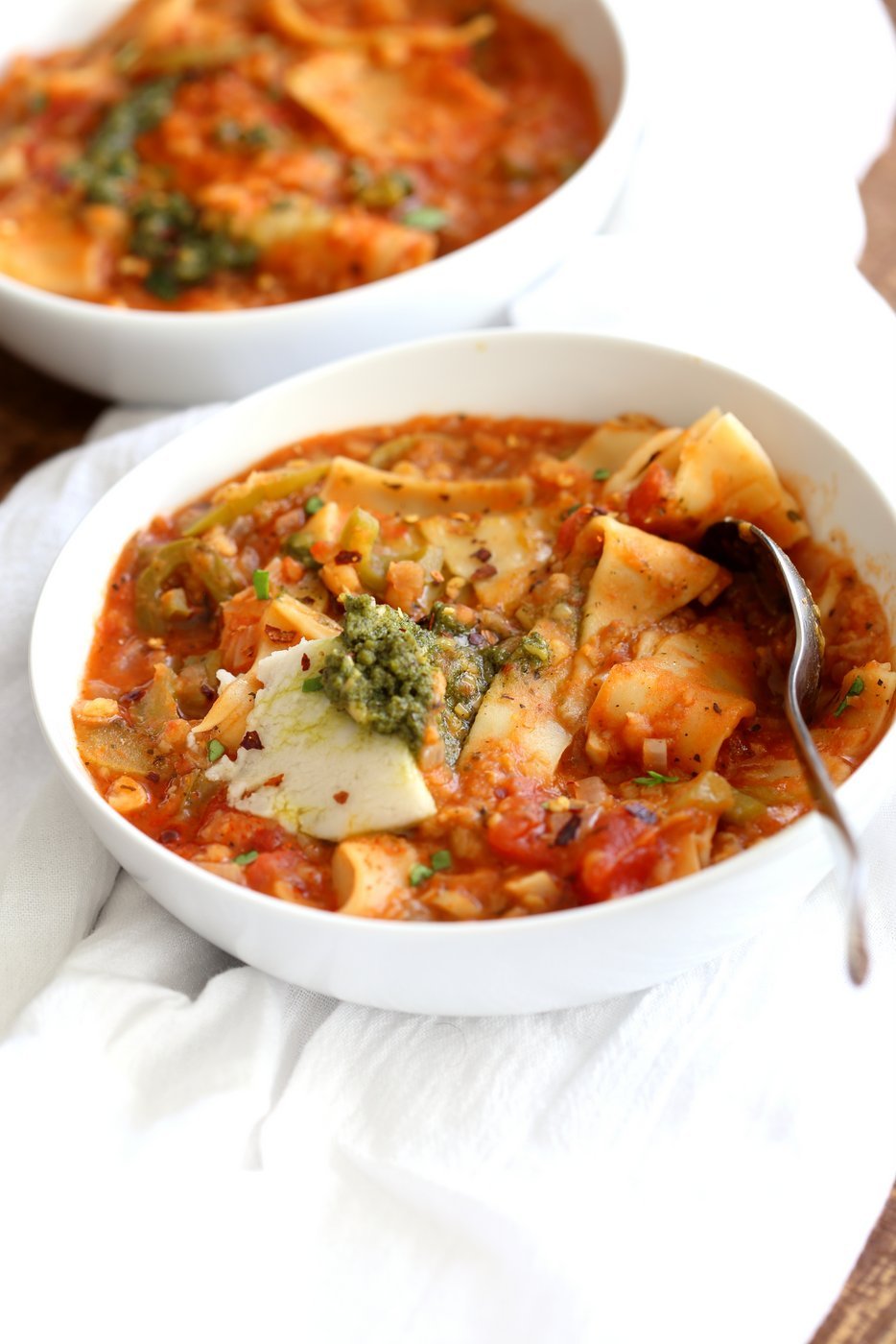 Our Instant Pot Vegan Lasagna Soup in 2 white Bowls