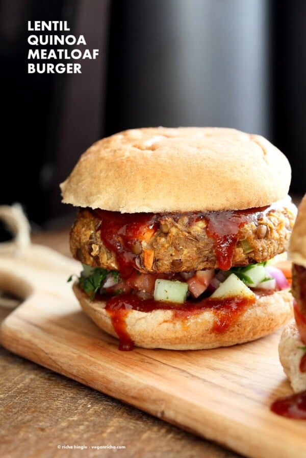 Lentil Quinoa Meatloaf Burgers. Lentil Quinoa Burger patties with bbq glaze. Easy "Meatloaf" Burgers. Serve as burgers with buns or as patties over a salad. Vegan Nut-free Recipe | VeganRicha.com #vegan #glutenfree #veganricha