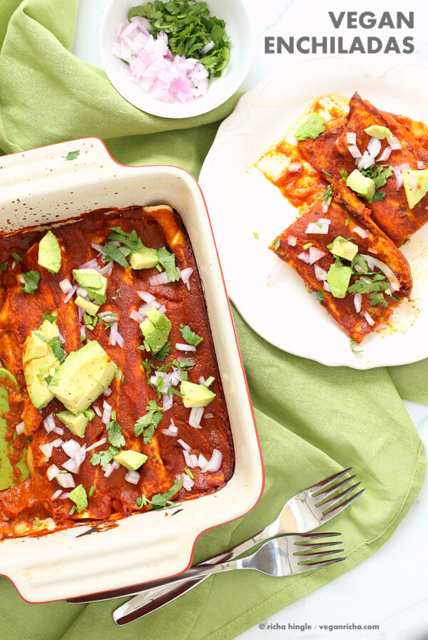 Vegan Enchiladas Recipe. Easy Enchilada Recipe with Blender Enchilada Sauce, soft tortillas filled with Black beans and Lentils. Vegan Soy-free Recipe. Can be Gluten-free. Ready within 1 Hour. | VeganRicha.com #vegan #glutenfree #veganricha