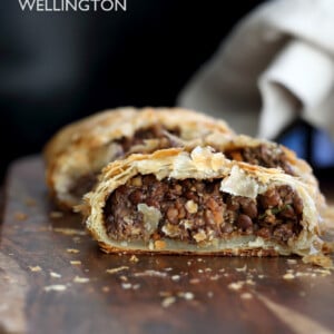 Mushroom lentil Wellington. Easy Vegan Wellington for the Holidays and potlucks. Puff pastry wrapped lentil walnut mushroom loaf.  Vegan Recipe. Make into a loaf to make gluten-free. #vegan #veganricha