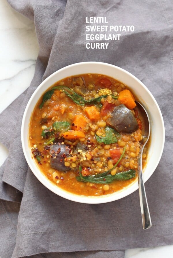 Instant Pot Eggplant Sweet Potato Lentil Curry. Mung Beans, lentils, spices, sweet potato and eggplant make a filling curry or soup. Use other veggies of choice. Vegan Gluten-free Soy-free Nut-free Recipe. Make it in a saucepan or InstantPot Pressure Cooker. #vegan #glutenfree #soyfree #veganricha