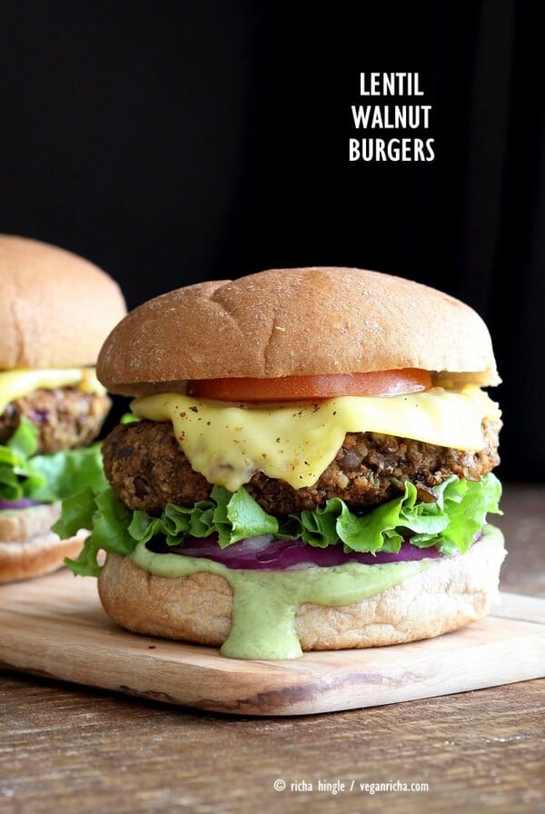 Spiced Lentil Walnut Burgers. Easy Flavorful Burger patties with avocado ranch. Vegan Burger Recipe. Soyfree Easily gluten-free | VeganRicha.com #glutenfree #veganricha #vegan