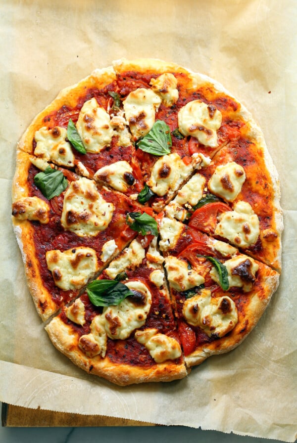 Our Vegan Margherita Pizza on parchment