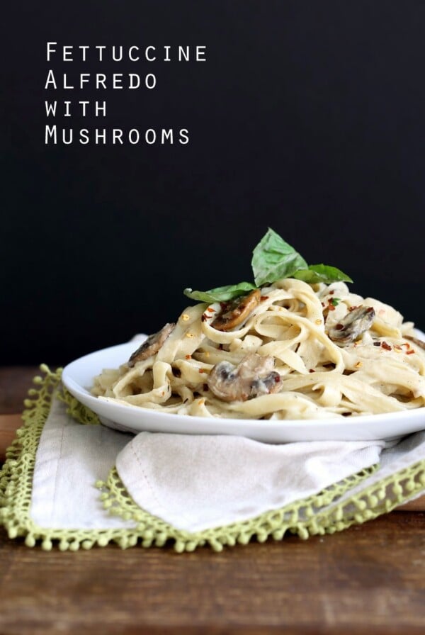 The Best Vegan Mushroom Garlic Alfredo with no nuts. Garlicky, Creamy, Amazing Vegan Fettuccine Alfredo. Nut-free, Easily Gluten-free, soy-free. | VeganRicha.com