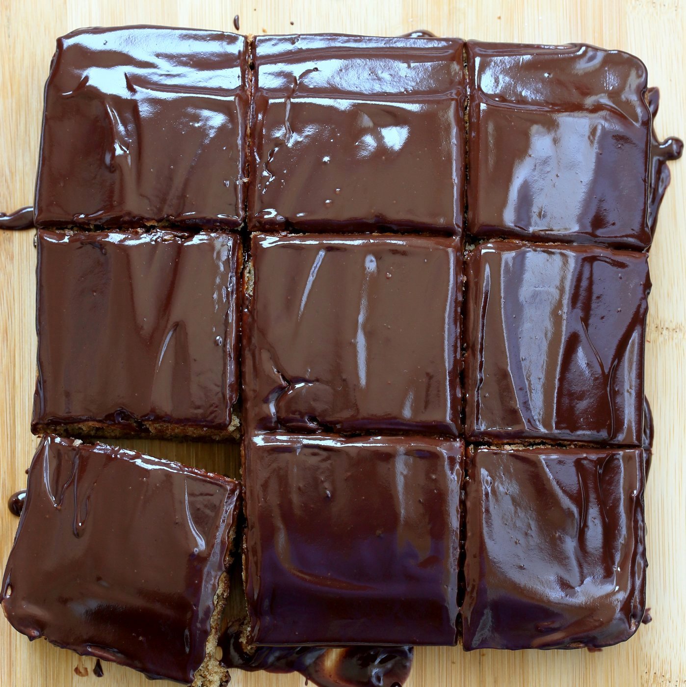 overhead photo of chocolate glaze on the peanut butter cake