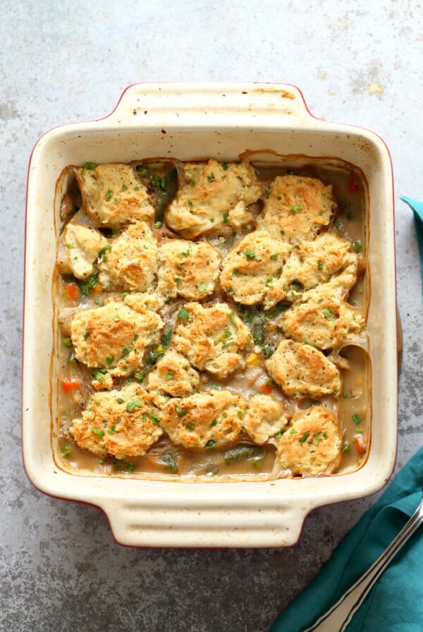 Our Vegan Pot Pie in an off- white baking dish