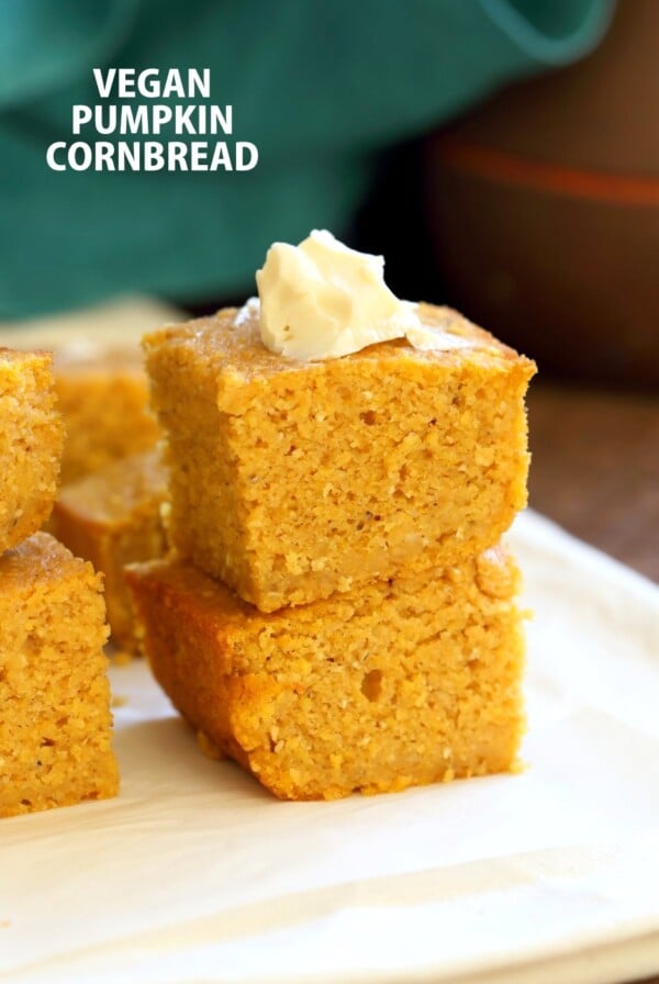 1 Bowl Vegan Pumpkin Corn bread with a few ingredients. Spiced, lightly sweet and great with soups, chilis or on its own with vegan butter and maple syrup or make sandwiches with it. #Vegan #Soyfree #Recipe. #veganricha | VeganRicha.com