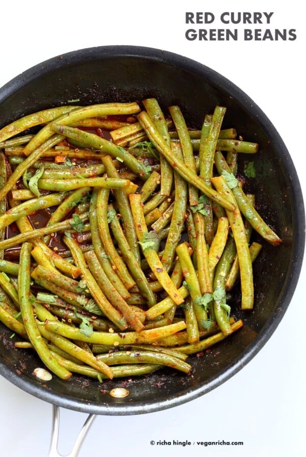 Red Curry Green Beans - Green Beans Stir fry with red curry paste, kaffir lime, sugar and chile. Pad Prik King Vegan Glutenfree Soyfree Recipe | VeganRicha.com #glutenfree #veganricha #vegan