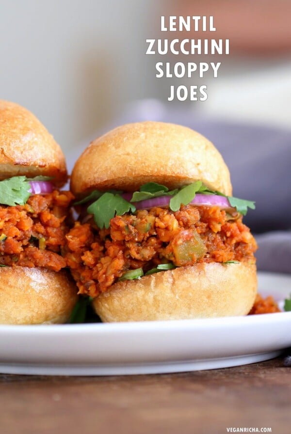 Smoky Vegan Sloppy Joes with Cajun Spices. Easy Red Lentil Carrot Zucchini Sloppy mix. Serve between soft buns, dinner rolls, pita pockets or tacos. Vegan Nut-free Recipe. Soy free option. Easily Gluten-free. | VeganRicha.com