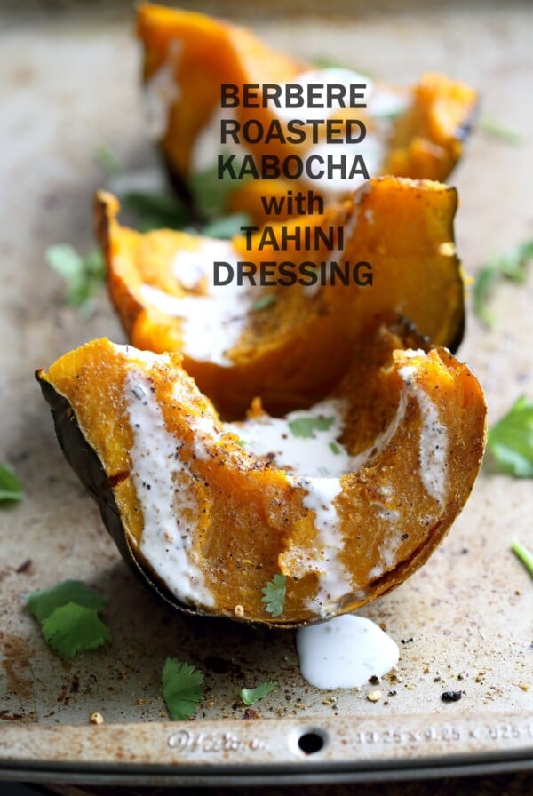 Berbere Roasted Kabocha Squash with Tahini Dill Dressing. Use ohter spice blends of choice. Festive, spiced winter squash. Add cranberries or other dried fruit. #Vegan #Glutenfree #Soyfree #Recipe #veganricha| VeganRicha.com